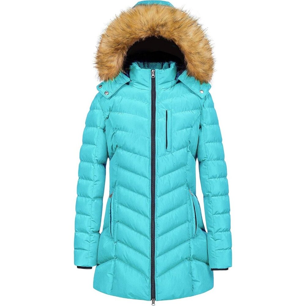 Women's Blue Winter Warm Long Hooded Puffer Jacket Coat Fabric Waterproof